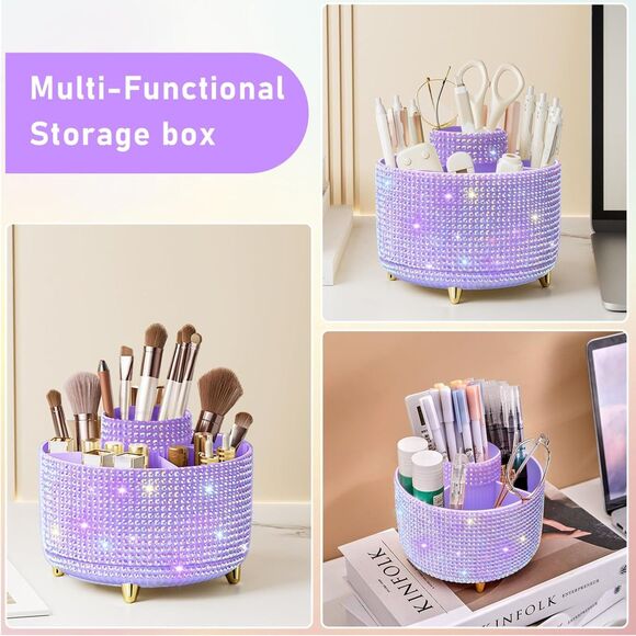 Diesisa 5Slot Makeup Brush Diamond Purple Cup 360° Rotating Makeup Brush Holder - Picture 3 of 5